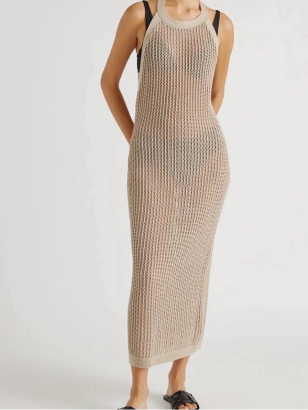 NWOT QUINCE White Halter Open-Knit Swim Cover-up Maxi Dress SZ M